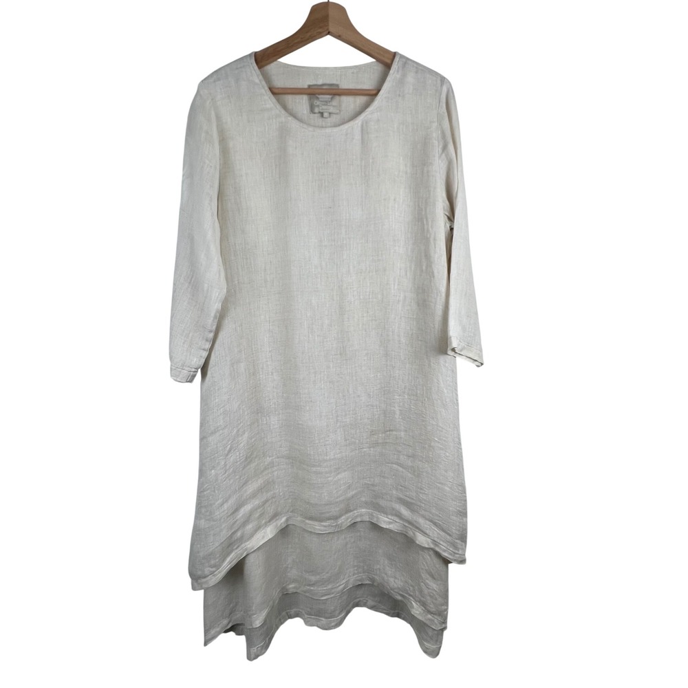 Crown Linen Designs Womens M Oatmeal 100% Linen Layered Lagenlook Tunic Dress